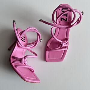 Schutz Lyra Sandal High Heel‎ Club Rose Pink Leather Ankle Strap Square Toe